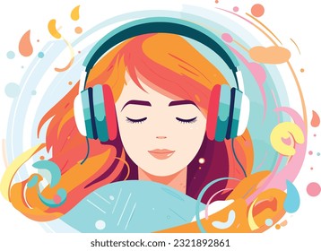 cute girl listening to music peacefully illustration, joyful girl listening to music