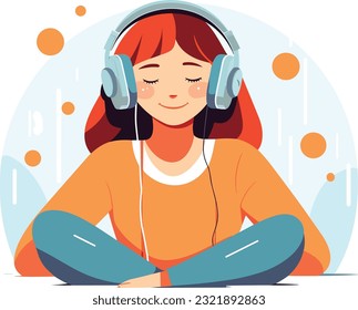 cute girl listening to music peacefully illustration, joyful girl listening to music