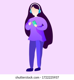 Cute girl listening to music via smartphone wireless, female cartoon characters isolated on pink background with vector image