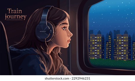 Cute girl listens to music on the train and looks at the city outside the window. Train journey. Vector illustration