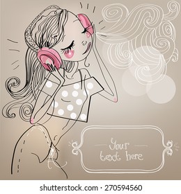 cute girl listens to music on headphones.