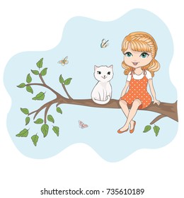 cute girl and little cat vector design.Animal lover.