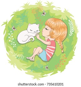 cute girl and little cat vector design.Animal lover.