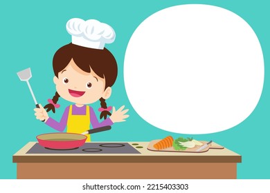 Cute girl little chef present cooking in the kitchen with speech bubble