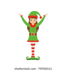 Cute girl. Little Christmas elf in a green holiday costume with hat and shoes, isolated on white background, illustration.