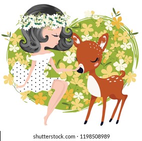 Cute girl with little deer and floral background vector illustration for kids, fashion artwork,  t shirts, prints.