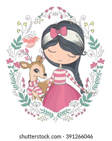 Cute Girl And Little Deer Vector Design.