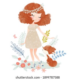 Cute girl with little fox in forest, watercolor vector design, artworks for kids.