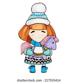 Cute Girl with little horse on white background. Vector illustration