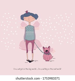 cute girl little Princess with dog vector drawing