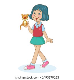 Cute girl with a little tiger toy in hand. In cartoon style. Isolated on a white background.	Vector illustration.