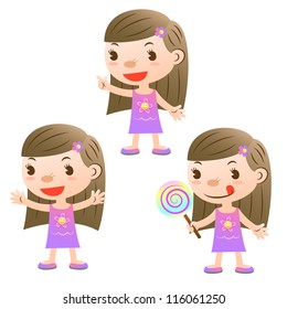 cute girl with lollipop and open arms and pointing