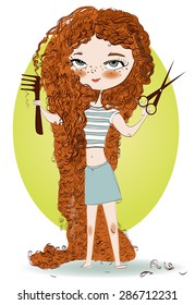 cute girl with a long curly hairs and scissors in the hand