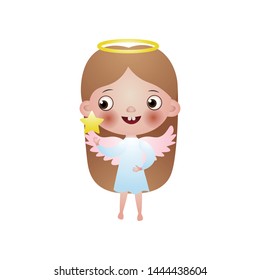 Cute girl long hair angel with pink wings