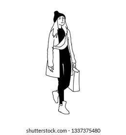 Cute girl with long hair in beanie hat, cloak and sneakers walking. Monochrome vector illustration of modern woman with bum bag and shopping package isolated on white background. Hand drawn sketch.