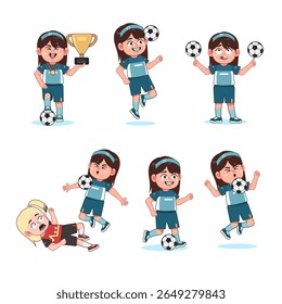 Cute Girl Long Hair Character Playing Football with different pose set