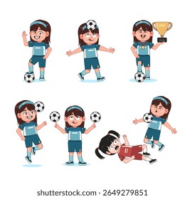 Cute Girl Long Hair Character Playing Football