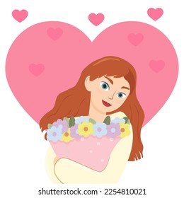 Cute girl with long hair holds a bouquet of flowers. Illustration for the International Women's Day. Vector greeting card for Valentine's Day.