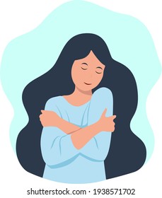 Cute Girl With Long Hair Hugs Herself By The Shoulders Flat Design