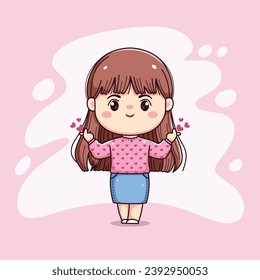 cute girl long hair with pink sweater love sign chibi kawaii