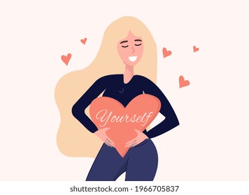 Cute girl with long hair. Self care, love yourself icon or body positive concept. Happy woman hugs her heart. Vector in cartoon style	