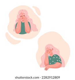 Cute girl with long hair. Self care, self love or positive body concept. self care, skin care. Happy woman. Illustration of International Women's Day. Vector postcard, valentine.