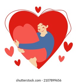 Cute girl with long hair in the shape of a heart. Self-care, self-love, or a positive body concept. A happy woman hugs her knees. Illustration of International Women's Day. Vector postcard, valentine