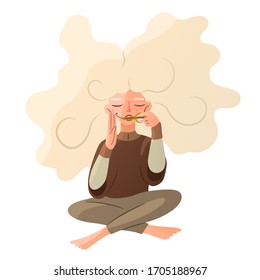 A cute girl with long hair sits in a lotus position and plays on a jaw harp. Vector colored isolated character in a trance while playing a musical instrument. Calmness, concentration, pacification.