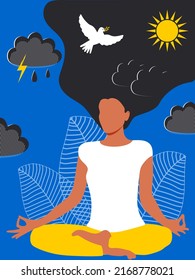 A cute girl with long hair sits in a lotus position and meditates. Mentally dreams of peace and tranquility, when there is a thunderstorm and bad weather in the surrounding world. Vector.