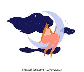 Cute girl with long hair sitting on moon. Happy woman dreaming in night sky and stars. Wellbeing, self and body care, slow life. Healthy sleep concept. Modern witch, crescent moon vector illustration