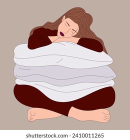Cute girl with long hair sitting with pillows 