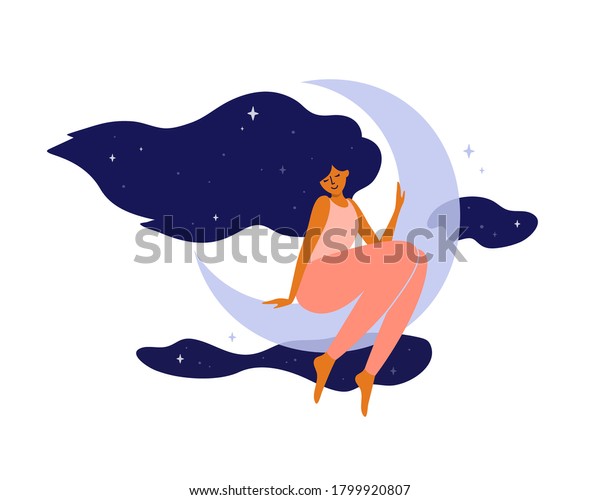 月に長い髪のかわいい女の子が座っている 夜空と星で夢を見る幸せな女性 まあ 自己と体のケア スローライフ 健康な睡眠のコンセプト 現代の魔女 三日月のベクターイラスト のベクター画像素材 ロイヤリティフリー