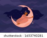 Cute girl with long hair sleeps on the moon. Romantic dreams with night sky and stars. Vector illustration of woman hugs the crescent moon. Modern witch concept. Design for tarot card cover, postcard.