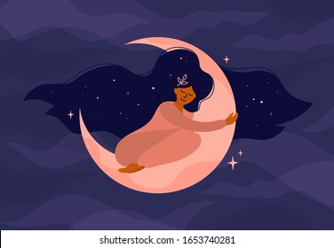 Cute girl with long hair sleeps on the moon. Romantic dreams with night sky and stars. Vector illustration of woman hugs the crescent moon. Modern witch concept. Design for tarot card cover, postcard.