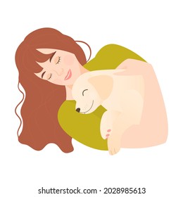 A cute girl with long hair sleeps hugging a cute puppy. Vector illustration. Love for pets.