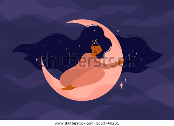 髪の長いかわいい女の子は月で眠る 夜空と星を持つロマンチックな夢 三日月を抱く女性のベクターイラスト 現代の魔女のコンセプト タロットカードの表紙 はがきのデザイン のベクター画像素材 ロイヤリティフリー