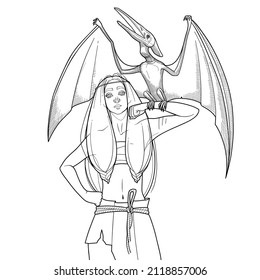 A cute girl with long hair stands holding a pterodactyl on her forearm. Prehistoric world of dinosaurs. Vector line graphics for coloring books