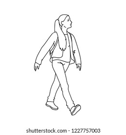 Cute girl with long hair taking a walk. Black lines isolated on white background. Concept. Vector illustration of girl going for a stroll in simple line art style. Monochrome hand drawn sketch.