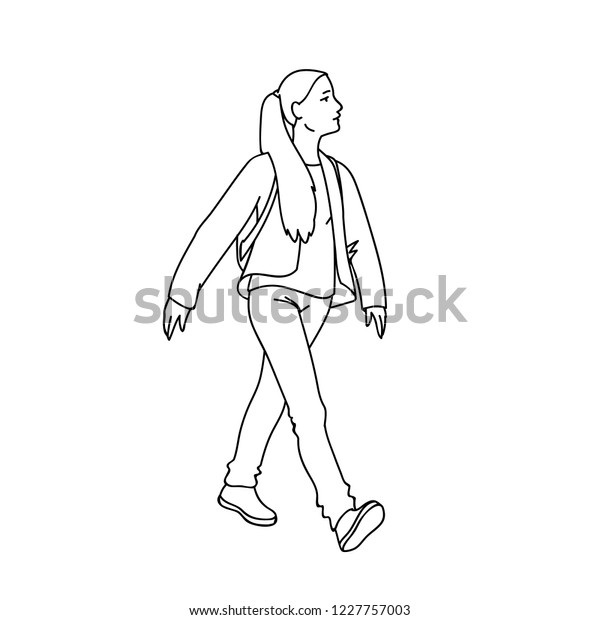 Cute girl with long hair taking a walk. Black lines isolated on white background. Concept. Vector illustration of girl going for a stroll in simple line art style. Monochrome hand drawn sketch.