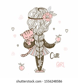 Cute girl with a long pigtail holding a kitten. Vector.