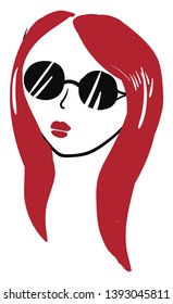 A cute girl with long red hair wearing a black glasses vector color drawing or illustration