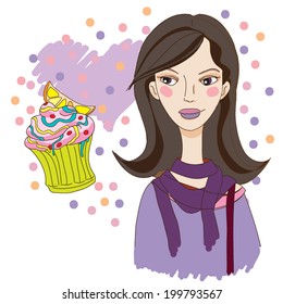 Cute girl looking at cupcake with cherry. Cartoon vector illustration, isolated.