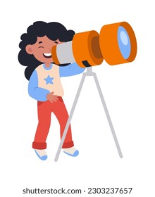 Muchacha linda mirando el telescopio Astronomía. Ilustración del vector