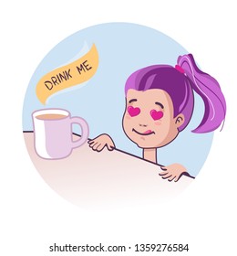 Cute girl looking lovingly at a big white cup of aromatic coffee and smack one's lips with heart eyes. Vector illustration of cartoon character portrait flat, coffee says drink me