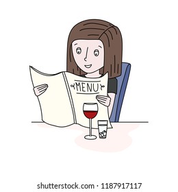 Cute girl looking at menu in restaurant or cafe. Vector contour drawing. Glass of wine is on the table.