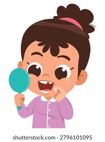Cute Girl Looking in Mirror at Missing Baby Tooth Child Dental Development Illustration