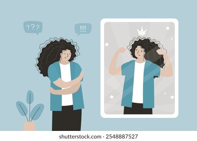 Cute girl looking mirror and see successful business woman with self confidence, pointing herself with fingers proud and happy, high self esteem concept. Metaphor of self love. vector illustration