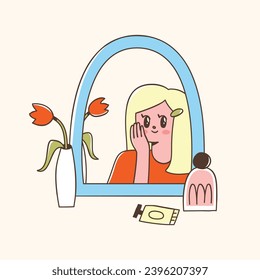 Cute girl looking in the mirror, a vase and girly products. Vector illustration of self-care concept. Hand drawn elements in trendy flat style.