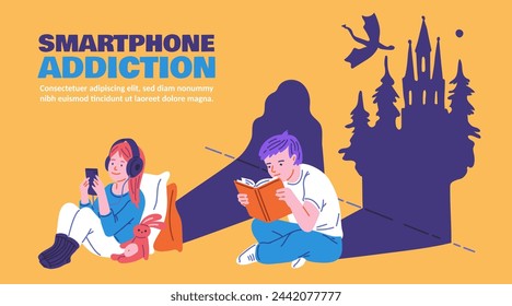 Cute girl looking at the smartphone no inspiration. Boy reading fairy tale book and imagining the castle with dragon. Addiction of smart technologies device, mobile gadget harm. Vector flat banner