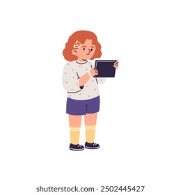 Cute girl looking at the smartphone or tablet device. Little child using gadgets, kid online education, communication or entertainment. Cartoon vector illustration. Addiction of smart technologies